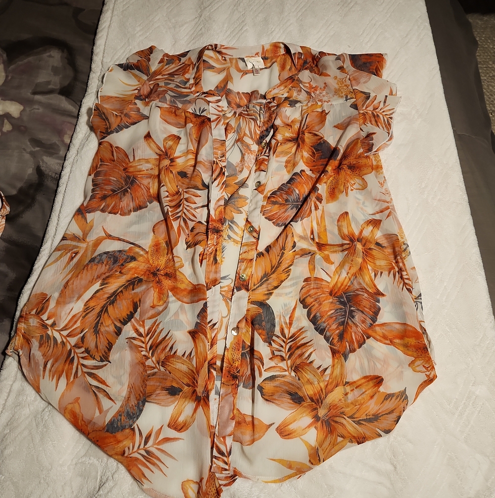 Lightweight Floral Button-Front Women’s Top - Orange Floral